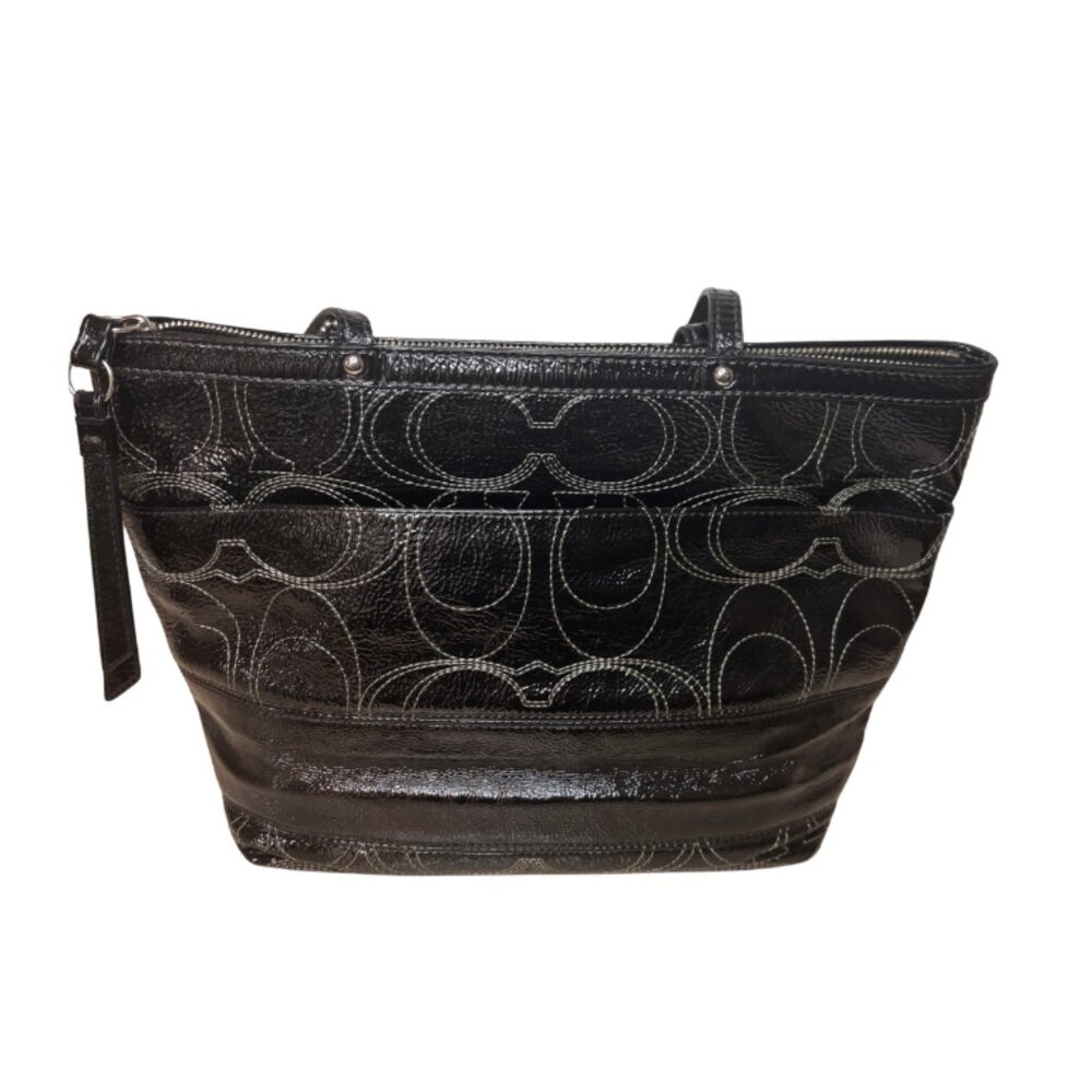 Coach Large Signature Black Patent Leather Shoulder Handbag - Picture 2 of 10